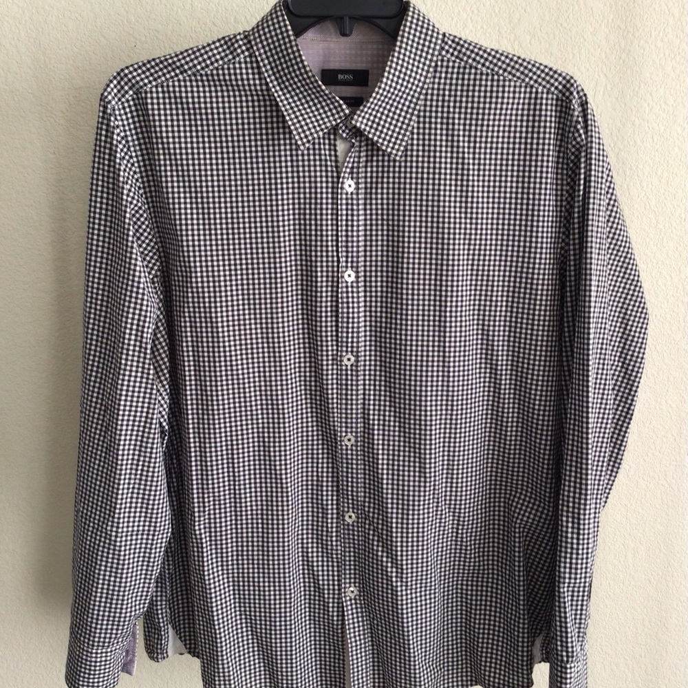 M021 Hugo Boss Men's Black and White Gingham Shirt